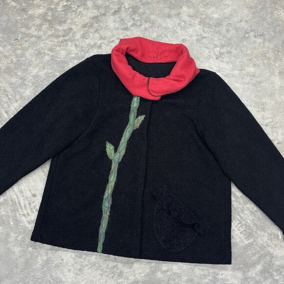 Wearable Art Cardigan Zip Wool Sweater Flower Poppy High Collar Art To Wear Red - Picture 3 of 8